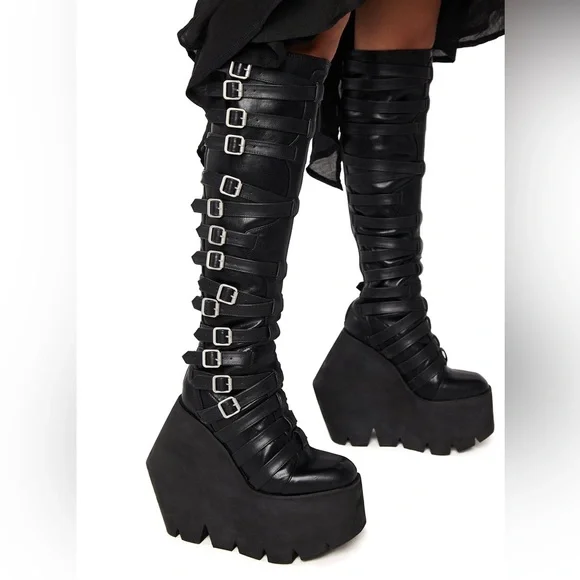 Gothic Black Buckle Strappy Monster Wedge Knee High Platform Boots - 9 - Picture 4 of 17